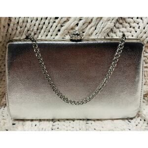 Vintage Purse Clutch Evening Bag Silver 1960s Chain Metallic Rose clasp retro